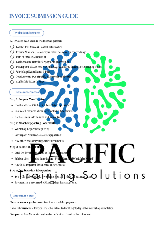 Invoice submission guide for Pacific Training Solutions with a logo on a white background