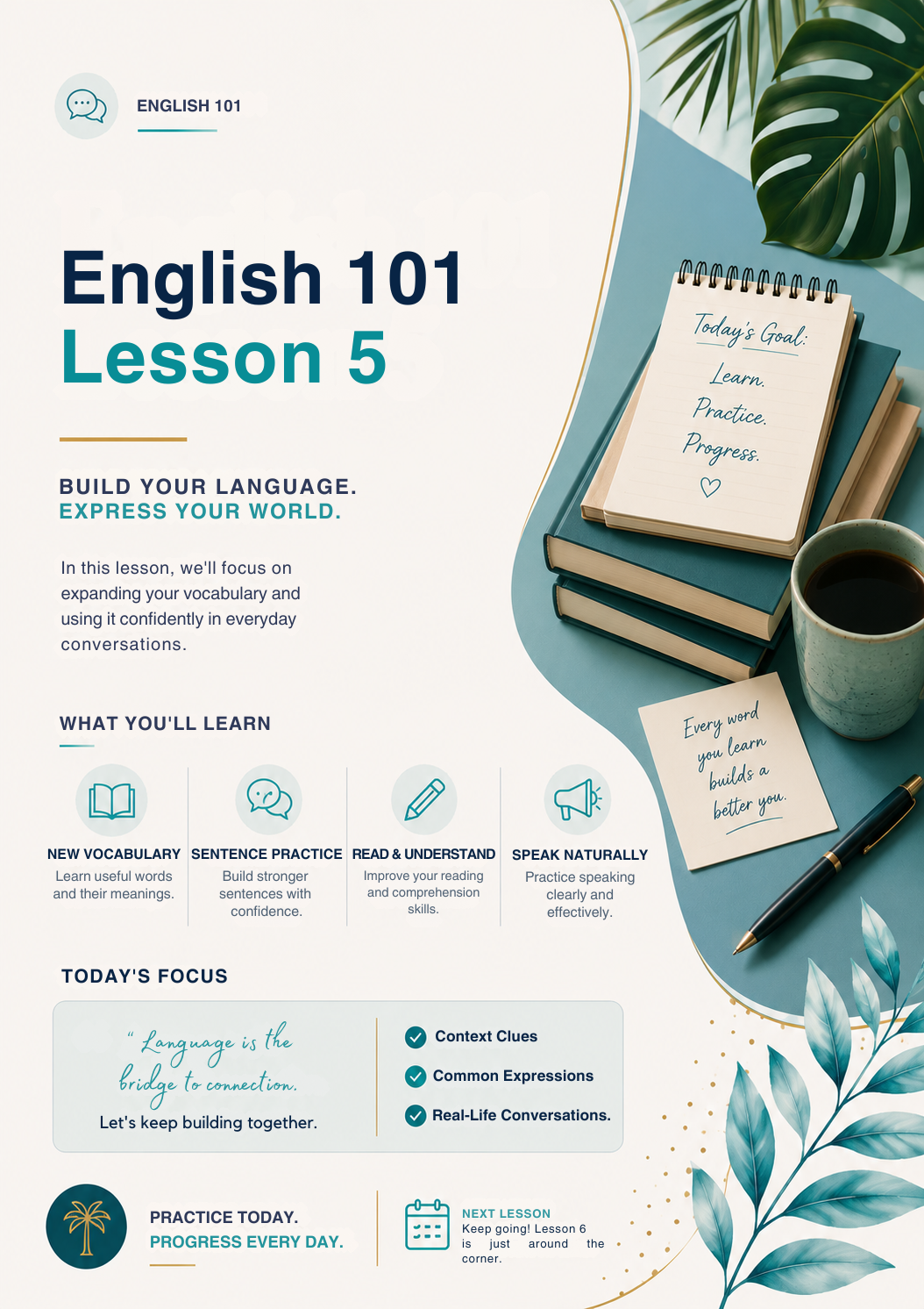 English 101 Lesson 5 Template | Editable ESL Vocabulary & Conversation Skills Workbook for English Learners