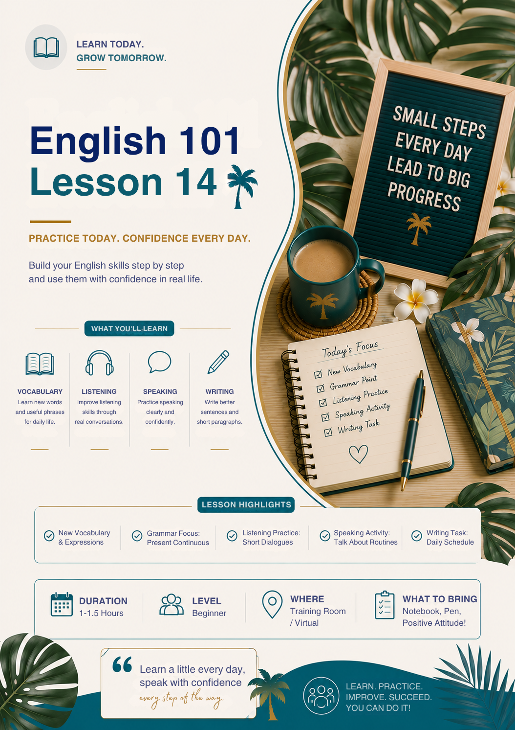 English 101 Lesson 14 Workbook | Beginner ESL English Vocabulary, Grammar, Listening, Speaking & Writing Activities