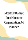 Planner cover with text 'Monthly Budget Rustic Income Organisation A4' on a white background with abstract shapes.