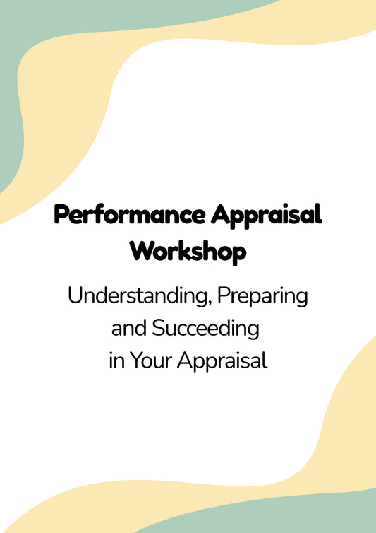 Promotional graphic for a performance appraisal workshop with abstract shapes on a white background.